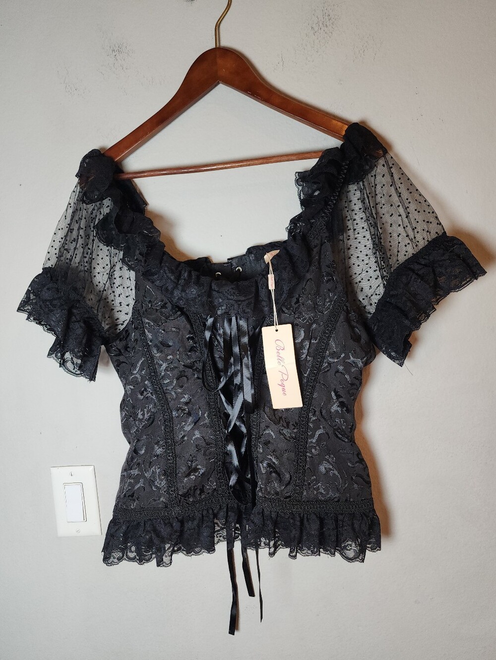 NWT Belle Poque Corset Style Lace Puff Sleeve Jacquard Black Top Size XL